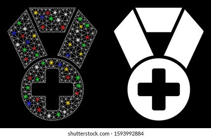 Flare mesh medical cross medal icon with sparkle effect. Abstract illuminated model of medical cross medal. Shiny wire frame polygonal mesh medical cross medal icon.