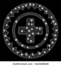 Flare mesh medical cross stamp with glow effect. Abstract illuminated model of medical cross stamp icon. Shiny wire carcass triangular mesh medical cross stamp.