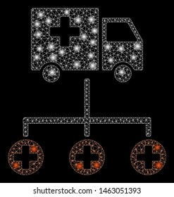 Flare mesh medical delivery structure with lightspot effect. Abstract illuminated model of medical delivery structure icon. Shiny wire frame triangular mesh medical delivery structure.
