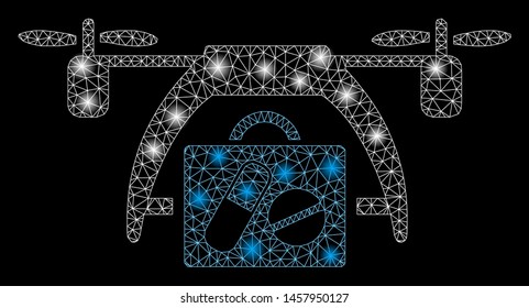 Flare mesh medical drone with glitter effect. Abstract illuminated model of medical drone icon. Shiny wire frame polygonal mesh medical drone. Vector abstraction on a black background.