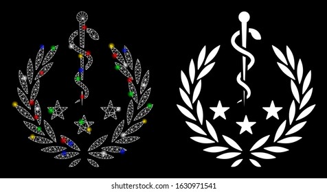 Flare mesh medical laurel wreath icon with sparkle effect. Abstract illuminated model of medical laurel wreath. Shiny wire carcass triangular mesh medical laurel wreath icon.