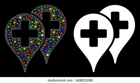 Flare mesh medical map markers icon with glare effect. Abstract illuminated model of medical map markers. Shiny wire frame polygonal mesh medical map markers icon.