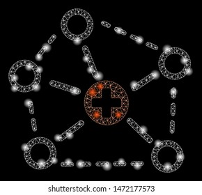 Flare mesh medical network structure with glare effect. Abstract illuminated model of medical network structure icon. Shiny wire frame triangular network medical network structure.