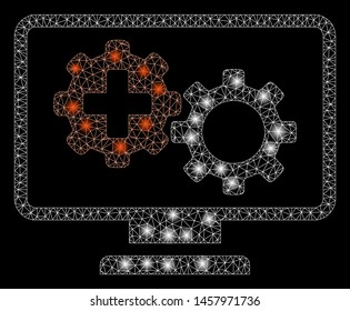 Flare mesh medical process gears monitoring with glare effect. Abstract illuminated model of medical process gears monitoring icon. Shiny wire frame polygonal mesh medical process gears monitoring.