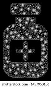 Flare mesh medication phial with glitter effect. Abstract illuminated model of medication phial icon. Shiny wire frame polygonal mesh medication phial. Vector abstraction on a black background.