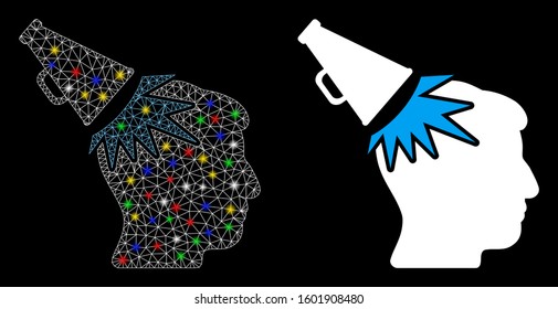 Flare mesh megaphone impact head icon with glow effect. Abstract illuminated model of megaphone impact head. Shiny wire carcass polygonal mesh megaphone impact head icon.