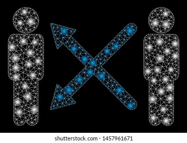 Flare mesh men exchange arrows with glow effect. Abstract illuminated model of men exchange arrows icon. Shiny wire frame triangular mesh men exchange arrows. Vector abstraction on a black background.
