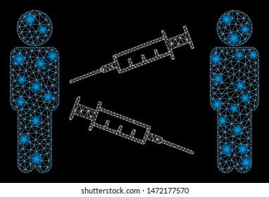 Flare mesh men syringe exchange with glare effect. Abstract illuminated model of men syringe exchange icon. Shiny wire frame polygonal mesh men syringe exchange.