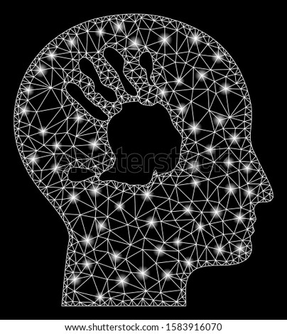 Flare mesh mental imprinting with sparkle effect. Abstract illuminated model of mental imprinting icon. Shiny wire carcass triangular mesh mental imprinting. Vector abstraction on a black background.