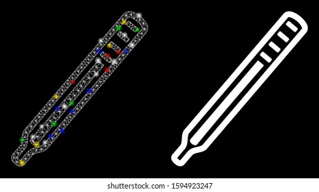 Flare mesh mercury thermometer icon with sparkle effect. Abstract illuminated model of mercury thermometer. Shiny wire carcass polygonal network mercury thermometer icon.