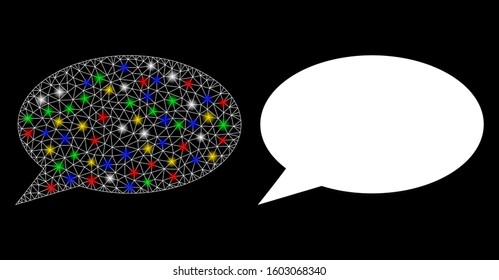 Flare mesh message cloud icon with glare effect. Abstract illuminated model of message cloud. Shiny wire frame polygonal mesh message cloud icon. Vector abstraction on a black background.
