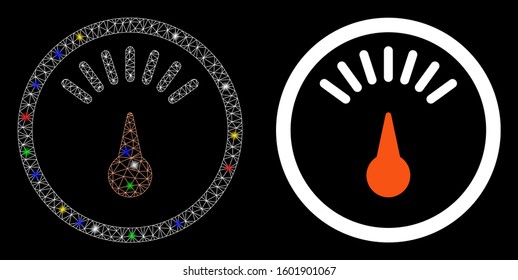 Flare mesh meter icon with glow effect. Abstract illuminated model of meter. Shiny wire carcass triangular mesh meter icon. Vector abstraction on a black background.