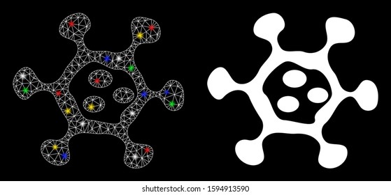 Flare mesh microbe cell icon with glare effect. Abstract illuminated model of microbe cell. Shiny wire carcass polygonal mesh microbe cell icon. Vector abstraction on a black background.