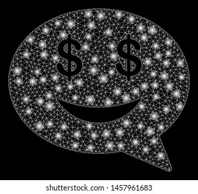 Flare mesh millionaire message smile with lightspot effect. Abstract illuminated model of millionaire message smile icon. Shiny wire carcass triangular mesh millionaire message smile.