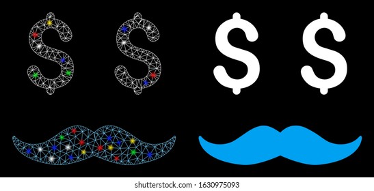 Flare mesh millionaire mustache icon with sparkle effect. Abstract illuminated model of millionaire mustache. Shiny wire frame triangular mesh millionaire mustache icon.