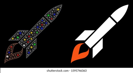Flare mesh missile flight icon with glow effect. Abstract illuminated model of missile flight. Shiny wire carcass triangular mesh missile flight icon. Vector abstraction on a black background.