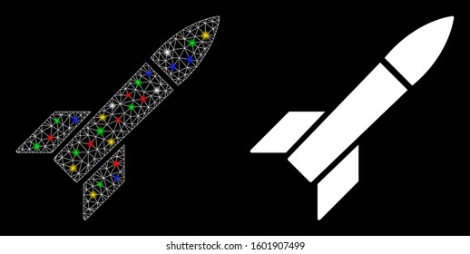 Flare mesh missile icon with glare effect. Abstract illuminated model of missile. Shiny wire carcass polygonal mesh missile icon. Vector abstraction on a black background.