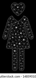 Flare mesh mistress with sparkle effect. Abstract illuminated model of mistress icon. Shiny wire frame polygonal mesh mistress. Vector abstraction on a black background.