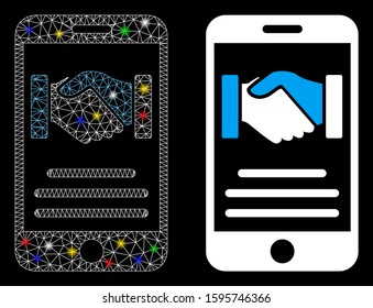 Flare mesh mobile agreement handshake icon with glare effect. Abstract illuminated model of mobile agreement handshake. Shiny wire carcass polygonal mesh mobile agreement handshake icon.