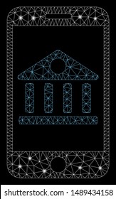 Flare mesh mobile bank with glow effect. Abstract illuminated model of mobile bank icon. Shiny wire frame polygonal mesh mobile bank. Vector abstraction on a black background.