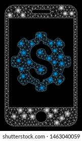 Flare mesh mobile bank setup with lightspot effect. Abstract illuminated model of mobile bank setup icon. Shiny wire frame triangular mesh mobile bank setup. Vector abstraction on a black background.
