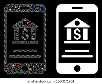Flare mesh mobile banking icon with glare effect. Abstract illuminated model of mobile banking. Shiny wire carcass polygonal mesh mobile banking icon. Vector abstraction on a black background.