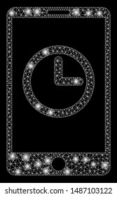 Flare mesh mobile clock with glitter effect. Abstract illuminated model of mobile clock icon. Shiny wire frame triangular network mobile clock. Vector abstraction on a black background.