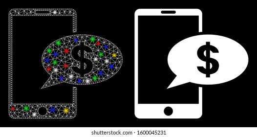 Flare mesh mobile financial message icon with glare effect. Abstract illuminated model of mobile financial message. Shiny wire carcass triangular mesh mobile financial message icon.