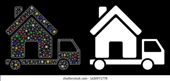 Flare mesh mobile house icon with lightspot effect. Abstract illuminated model of mobile house. Shiny wire carcass triangular mesh mobile house icon. Vector abstraction on a black background.