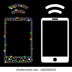 Flare mesh mobile irda signal icon with glare effect. Abstract illuminated model of mobile irda signal. Shiny wire carcass polygonal mesh mobile irda signal icon.