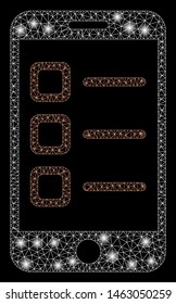 Flare mesh mobile list with glow effect. Abstract illuminated model of mobile list icon. Shiny wire frame triangular mesh mobile list. Vector abstraction on a black background.