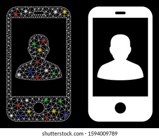 Flare mesh mobile profile icon with glare effect. Abstract illuminated model of mobile profile. Shiny wire carcass polygonal mesh mobile profile icon. Vector abstraction on a black background.