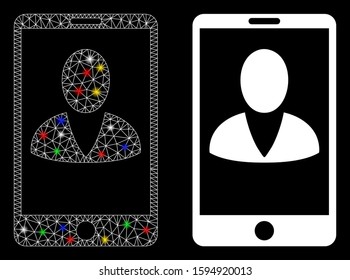 Flare mesh mobile user profile icon with lightspot effect. Abstract illuminated model of mobile user profile. Shiny wire frame triangular mesh mobile user profile icon.