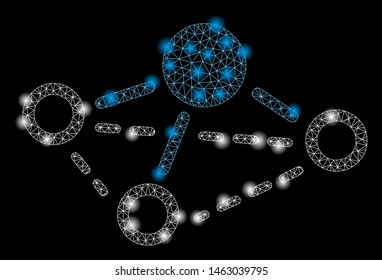 Flare mesh molecule with lightspot effect. Abstract illuminated model of molecule icon. Shiny wire carcass triangular mesh molecule. Vector abstraction on a black background.