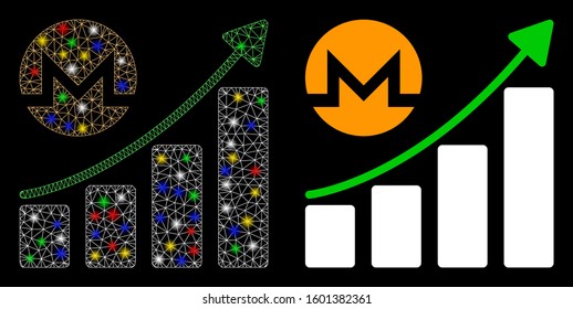 Flare mesh Monero growing graph trend icon with glow effect. Abstract illuminated model of Monero growing graph trend. Shiny wire frame polygonal network Monero growing graph trend icon.