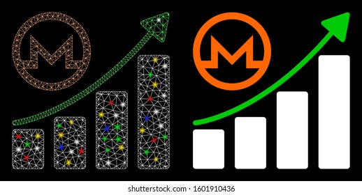 Flare mesh Monero growing graph icon with sparkle effect. Abstract illuminated model of Monero growing graph. Shiny wire carcass triangular mesh Monero growing graph icon.