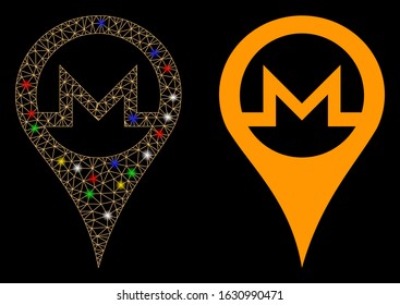 Flare mesh Monero map pointer icon with lightspot effect. Abstract illuminated model of Monero map pointer. Shiny wire carcass polygonal mesh Monero map pointer icon.