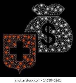 Flare mesh money bag shield with glow effect. Abstract illuminated model of money bag shield icon. Shiny wire frame triangular mesh money bag shield. Vector abstraction on a black background.
