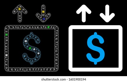 Flare mesh money elevator icon with glow effect. Abstract illuminated model of money elevator. Shiny wire carcass triangular mesh money elevator icon. Vector abstraction on a black background.