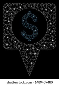 Flare mesh money map marker with sparkle effect. Abstract illuminated model of money map marker icon. Shiny wire carcass polygonal mesh money map marker. Vector abstraction on a black background.