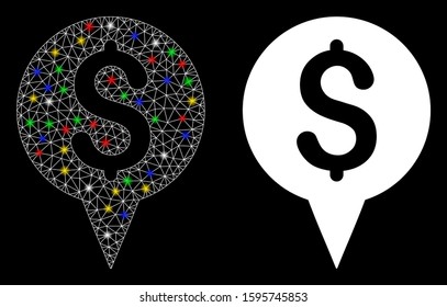Flare mesh money map marker icon with glow effect. Abstract illuminated model of money map marker. Shiny wire carcass polygonal mesh money map marker icon. Vector abstraction on a black background.