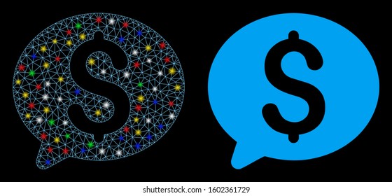 Flare mesh money message icon with glitter effect. Abstract illuminated model of money message. Shiny wire frame triangular mesh money message icon. Vector abstraction on a black background.