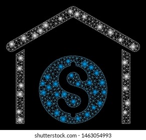 Flare mesh money storage with glare effect. Abstract illuminated model of money storage icon. Shiny wire frame polygonal network money storage. Vector abstraction on a black background.