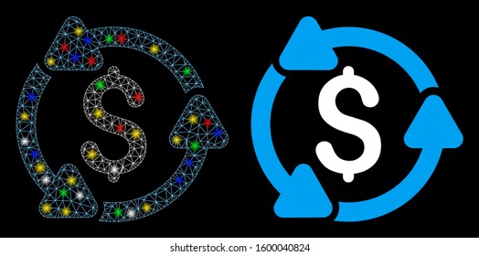 Flare mesh money turnover icon with glow effect. Abstract illuminated model of money turnover. Shiny wire frame triangular mesh money turnover icon. Vector abstraction on a black background.