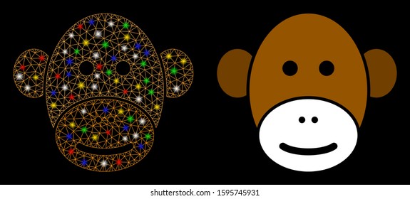 Flare mesh monkey face icon with glitter effect. Abstract illuminated model of monkey face. Shiny wire carcass polygonal mesh monkey face icon. Vector abstraction on a black background.