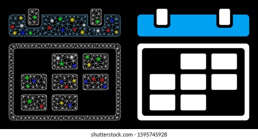 Flare mesh month calendar icon with glare effect. Abstract illuminated model of month calendar. Shiny wire carcass triangular network month calendar icon. Vector abstraction on a black background.