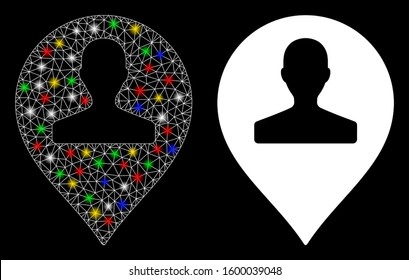 Flare mesh monument marker icon with glitter effect. Abstract illuminated model of monument marker. Shiny wire frame polygonal network monument marker icon. Vector abstraction on a black background.
