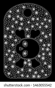 Flare mesh morgue mark with glitter effect. Abstract illuminated model of morgue mark icon. Shiny wire carcass triangular mesh morgue mark. Vector abstraction on a black background.