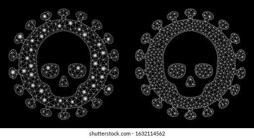 Flare mesh mortal virus with glare effect. Abstract illuminated model of mortal virus icon. Shiny wire carcass triangular mesh mortal virus icon. Vector abstraction on a black background.