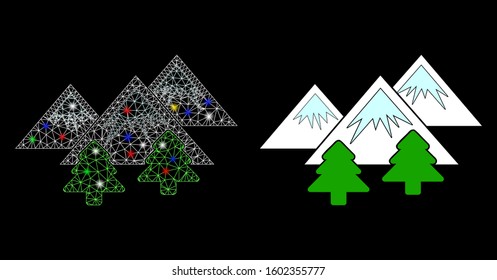 Flare mesh mountains forest icon with glare effect. Abstract illuminated model of mountains forest. Shiny wire carcass triangular network mountains forest icon.